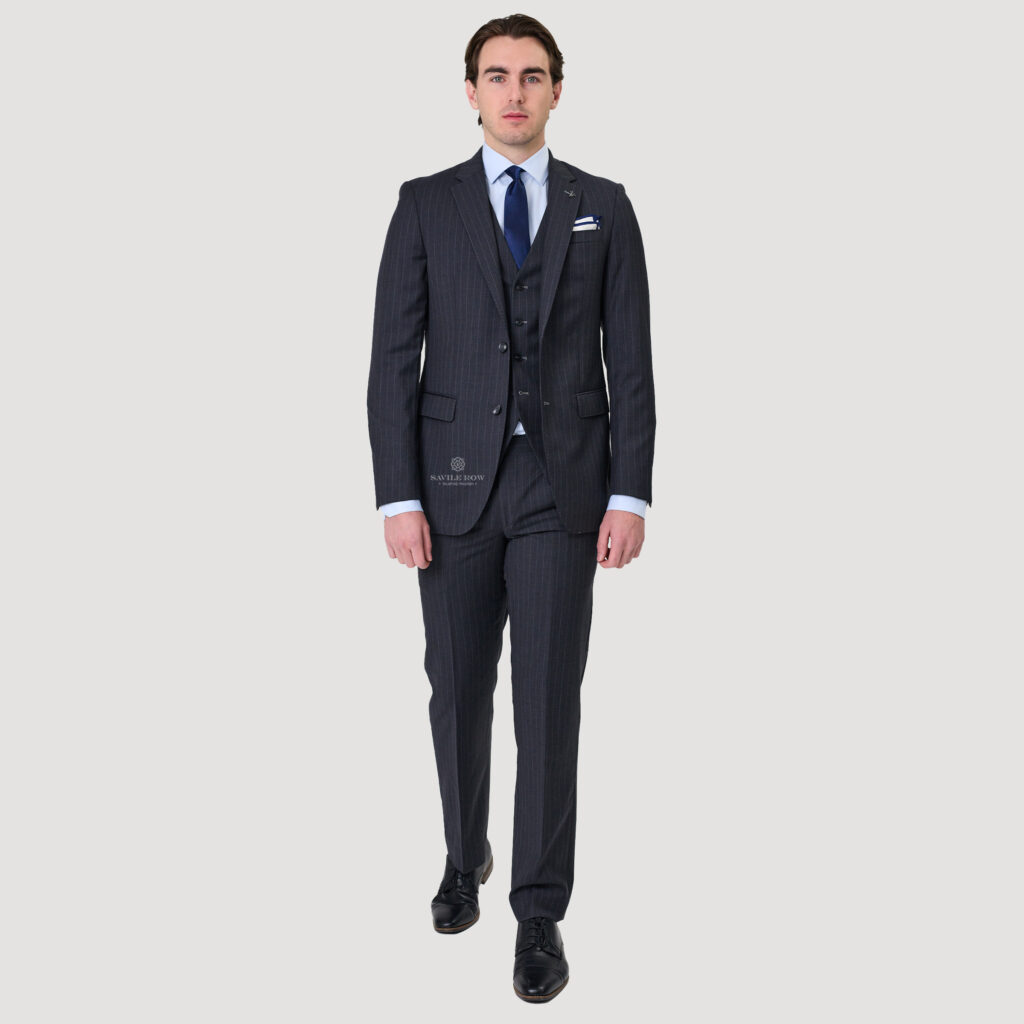 Savile Row Abram Pure Merino Wool Pin Stripe Suit Two Piece Charcoal SW4