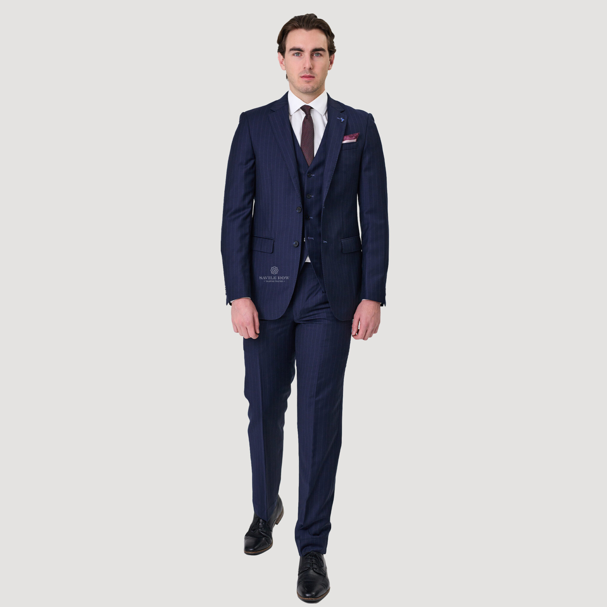 Savile Row Abram Pure Merino Wool Pin Stripe Suit Two Piece Navy SW7 - Image 2