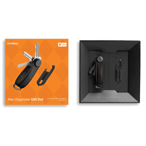 Orbitkey Crazy Horse Key Organizer+Multi Tool V2 Black Orange Gift Pack